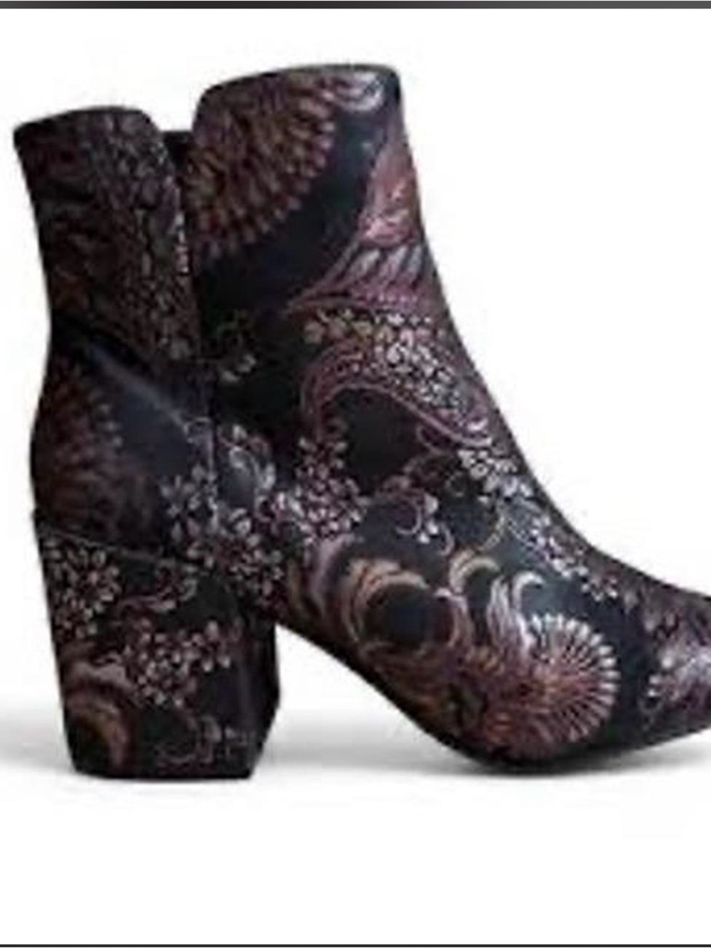 Aldo Paisley Embroidered Block Heel Ankle Boots Purple Black and Bronze 7